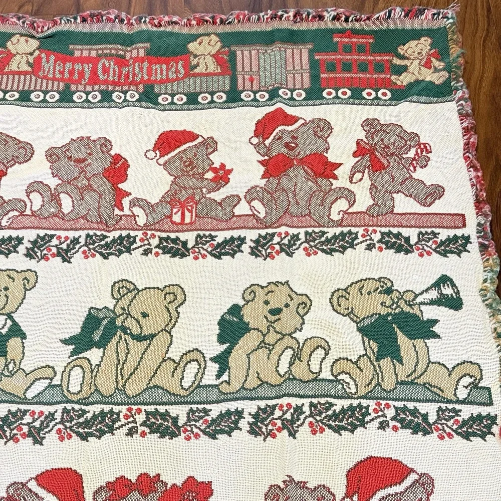 VTG Christmas Teddy Bear Train Woven Throw Blanket 49x56 Fringe Holiday Decor